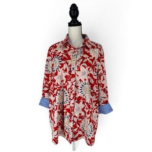 Chaps No Iron Blouse Vivid Red Floral 3/4 Sleeve Contrast Cuff 100% Cotton  2X
